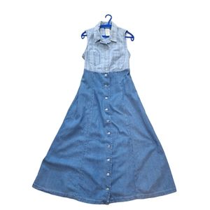 Tickets Denim & Cotton Blue Plaid Button Down Front Maxi Dress, Sz 13/ 14